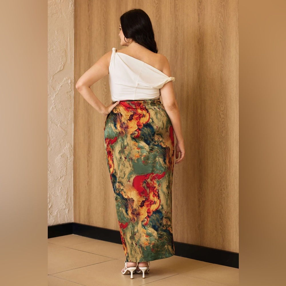 Micas Plus Size Abstract Print Satin Tie Front Skirt - Picture 3 of 15